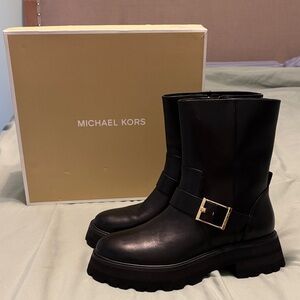 Michael Kors Black Leather Lug-Sole Buckle Boots